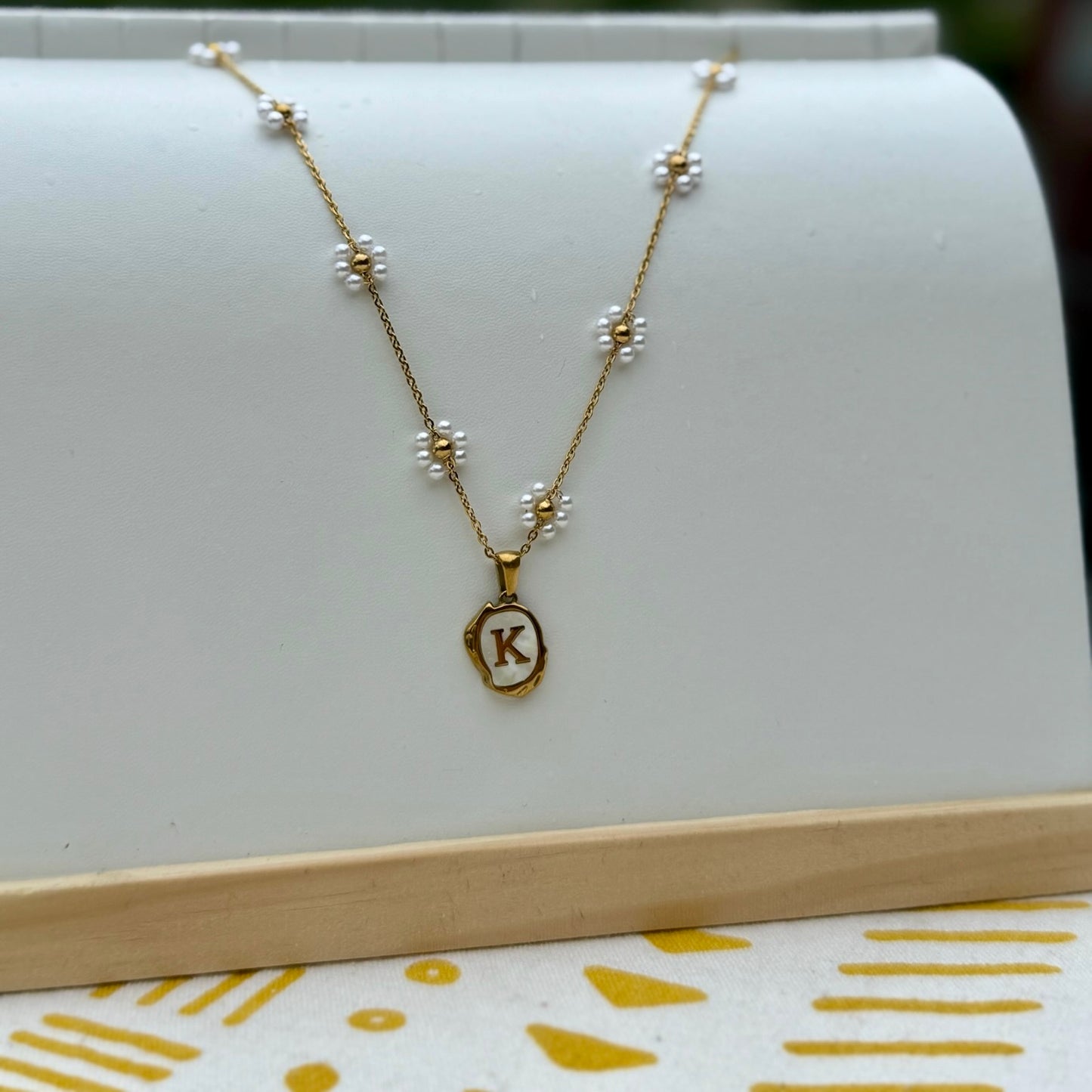 The Seaside Initial Necklace - Floral Palms + Pearl Chain Edition
