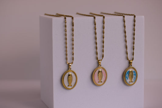 Fish Medallion Necklaces in Various Colors