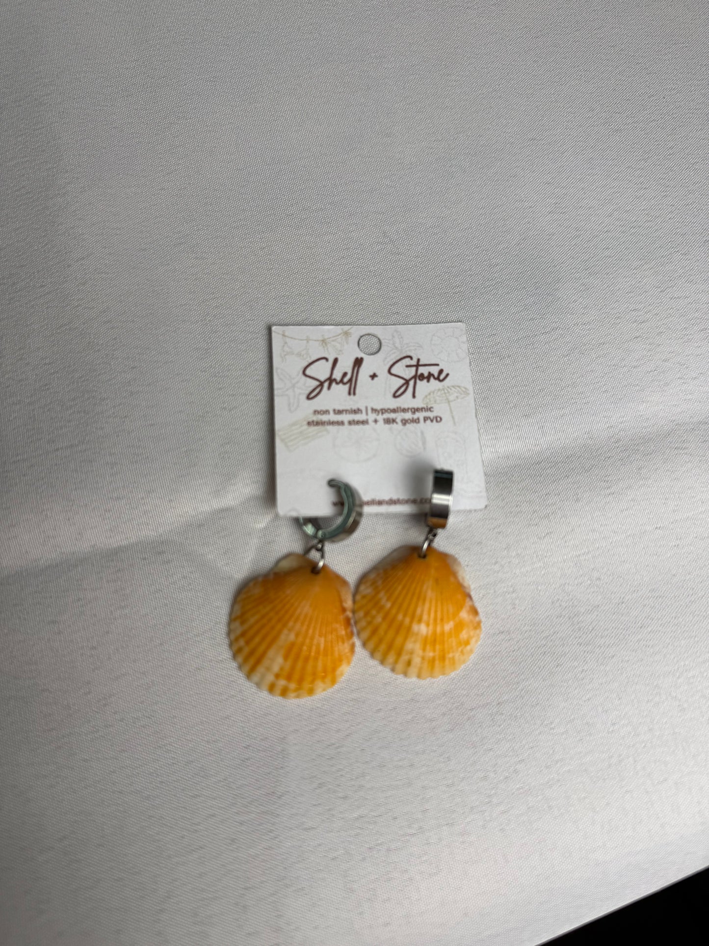 Orange Seashell Hoops in Silver n+ Gold