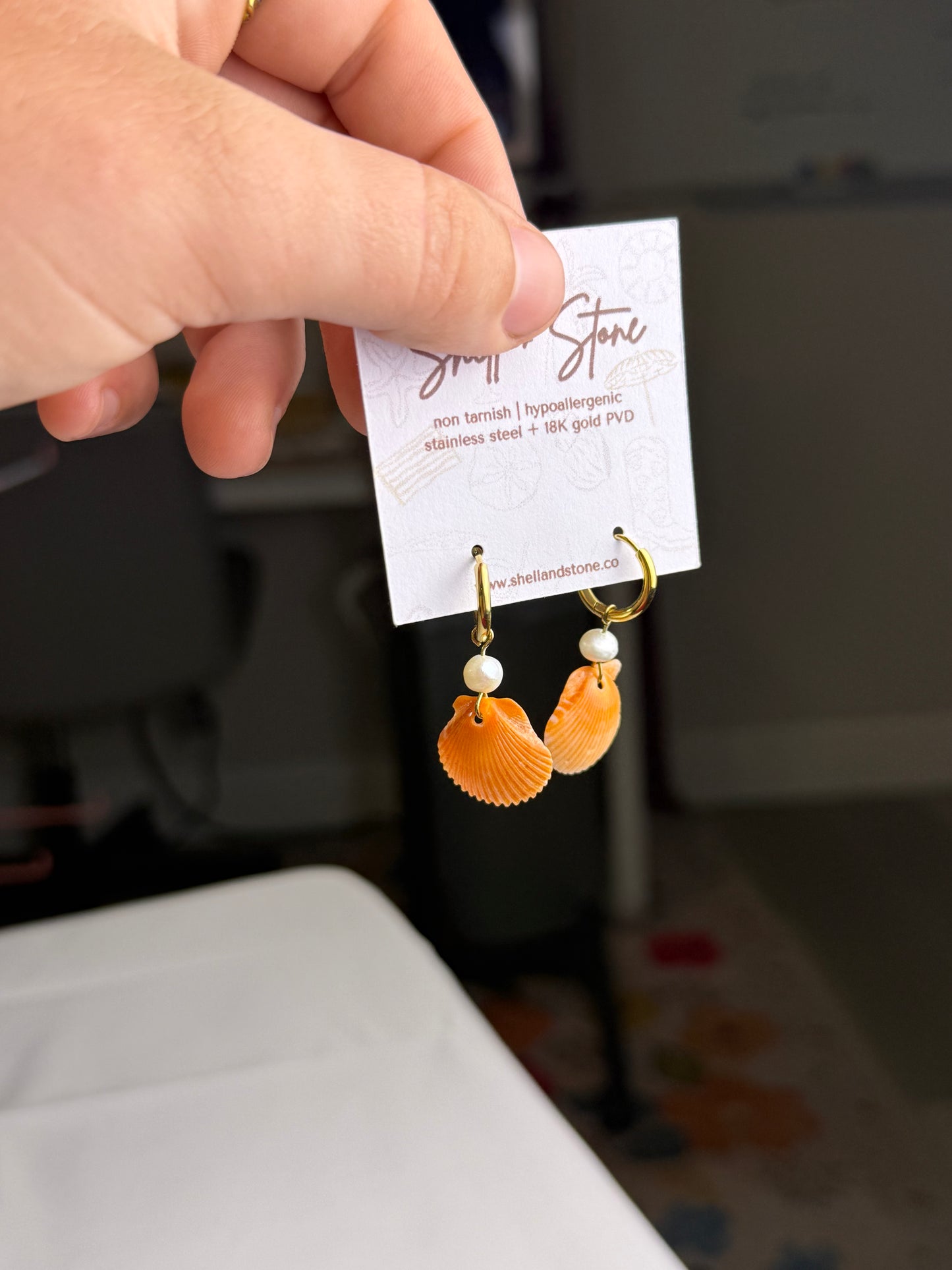Orange Seashell Pearl Hoops