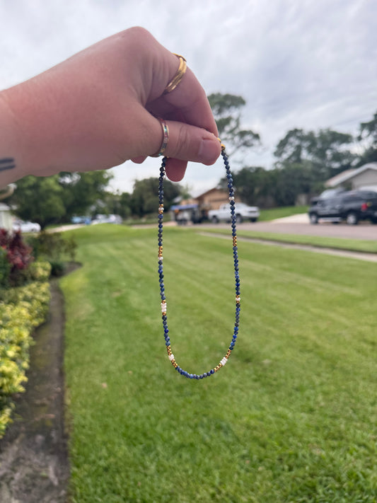 Lapis Lazuli Scattered Pearl Beaded Necklace
