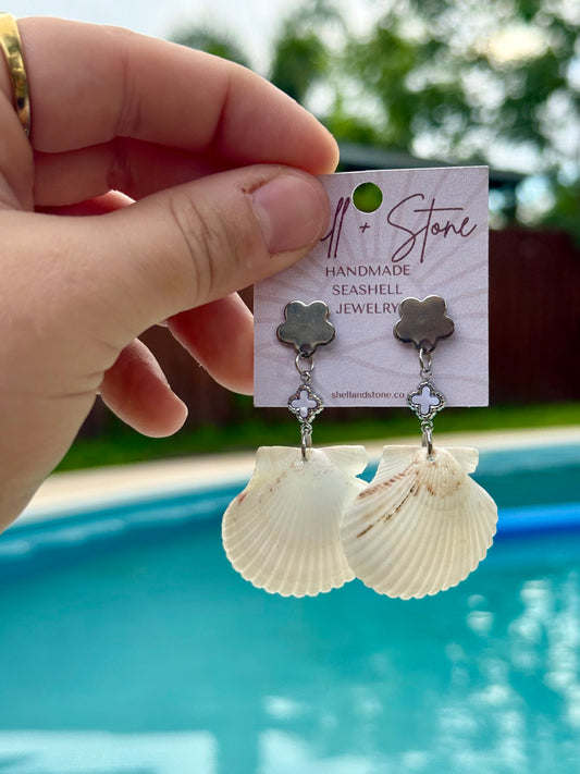 Silver Coast Clover Seashell Studs