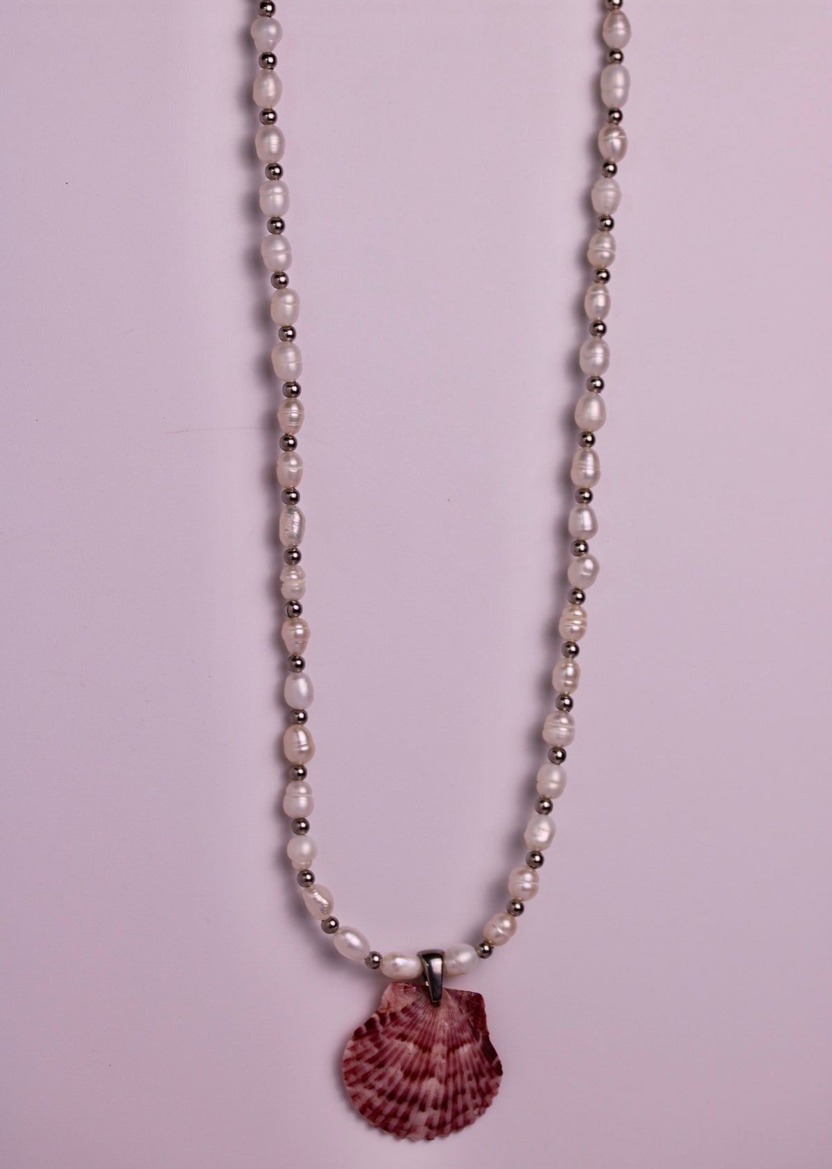 Beaded Pearl Scallop Necklace in Silver + Gold
