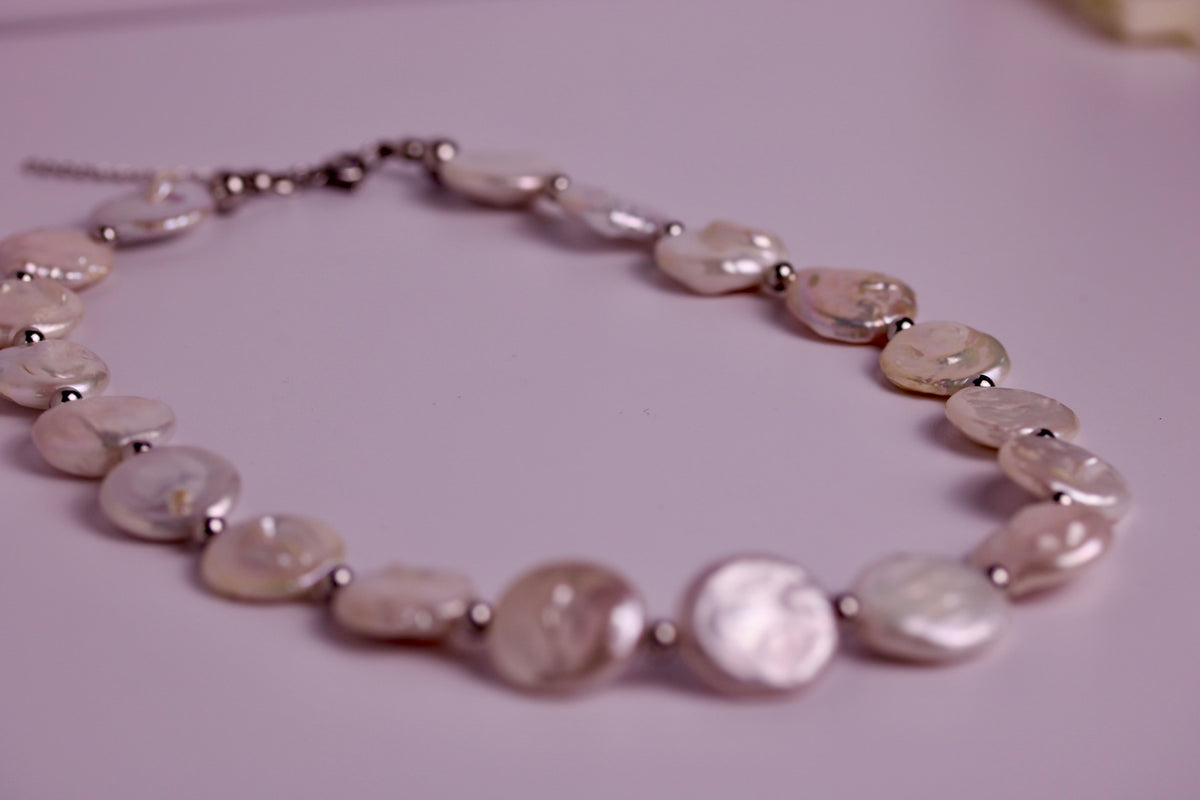 Pearl Coin Necklace in Silver + Gold