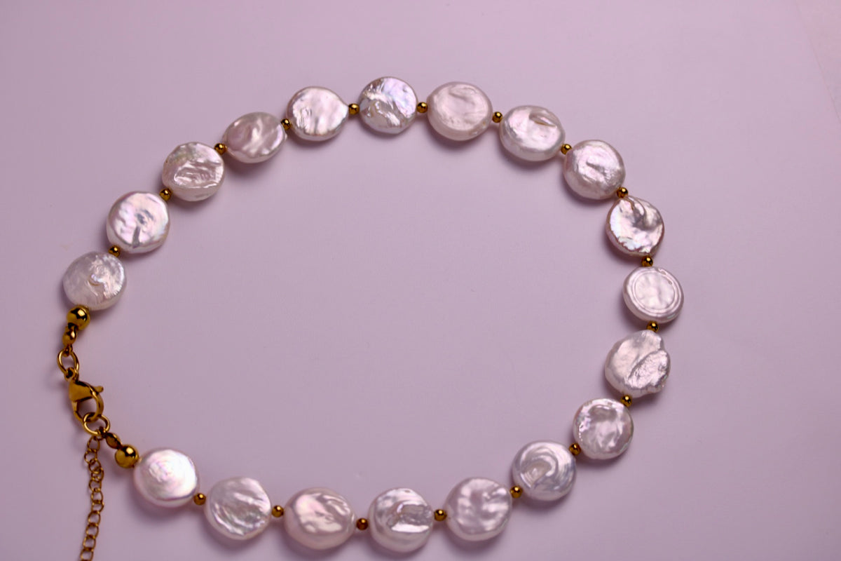 Pearl Coin Necklace in Silver + Gold