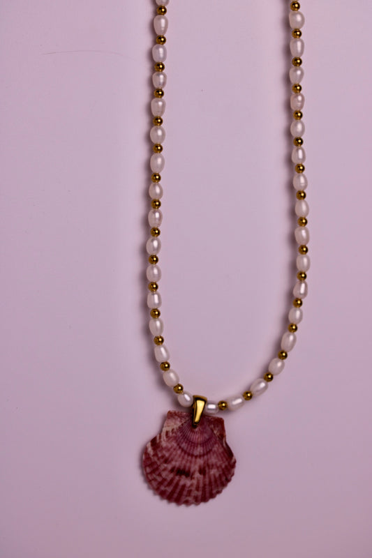 Beaded Pearl Scallop Necklace in Silver + Gold