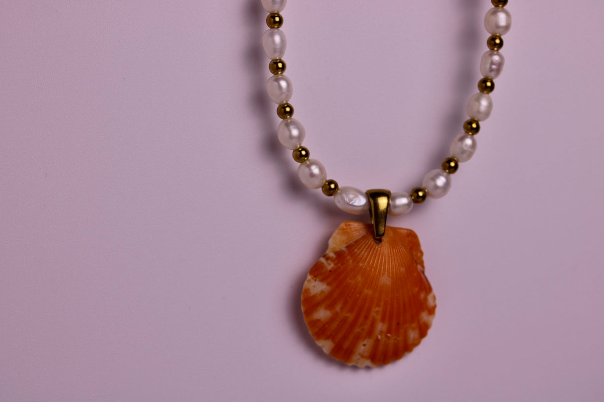 Beaded Pearl Scallop Necklace in Silver + Gold