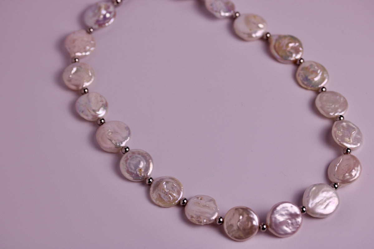 Pearl Coin Necklace in Silver + Gold