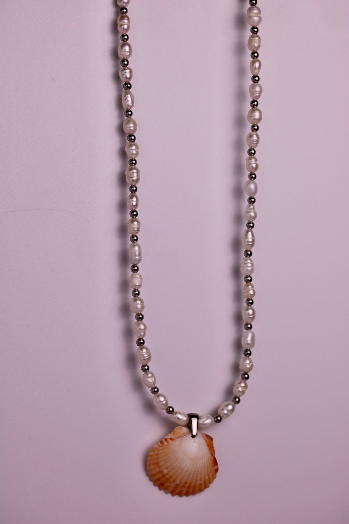Beaded Pearl Scallop Necklace in Silver + Gold