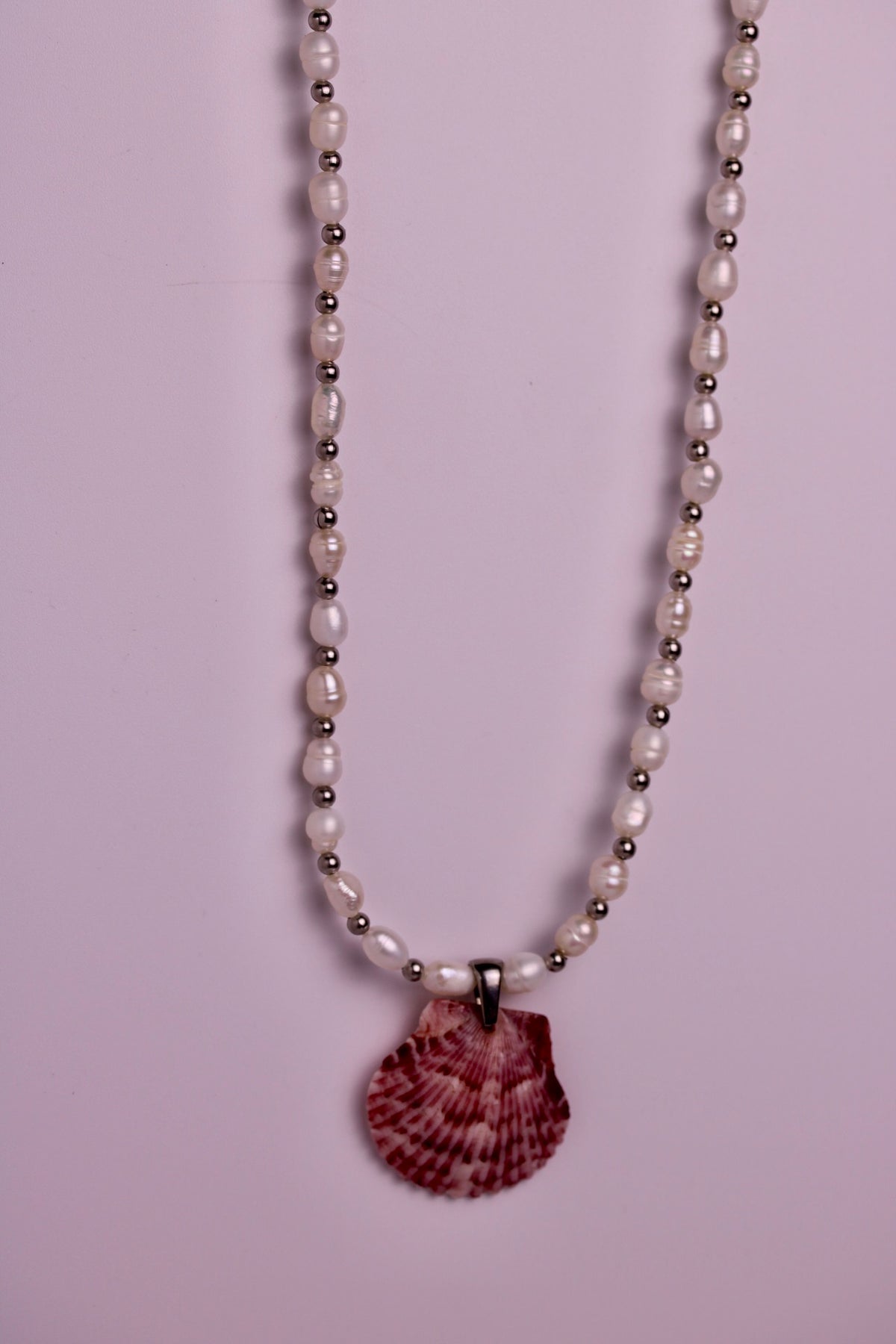 Beaded Pearl Scallop Necklace in Silver + Gold