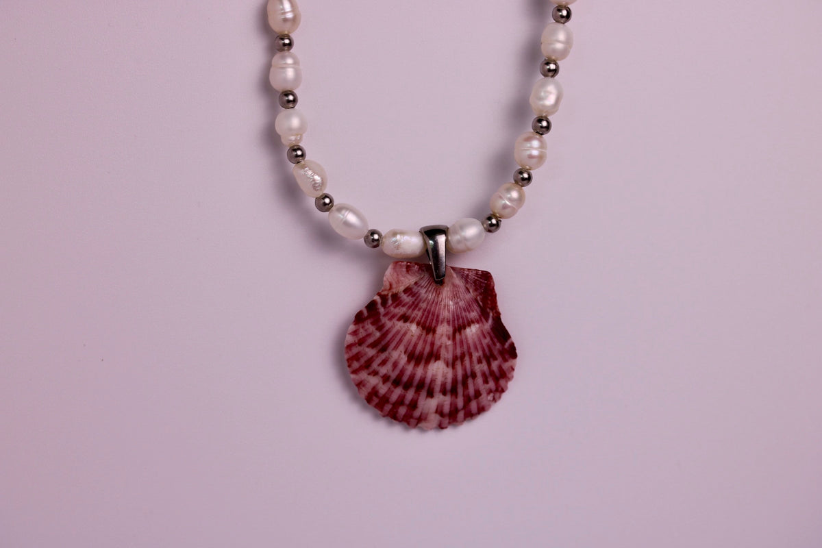 Beaded Pearl Scallop Necklace in Silver + Gold