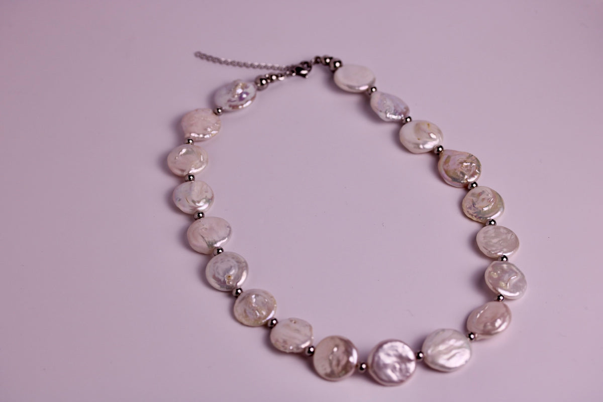 Pearl Coin Necklace in Silver + Gold