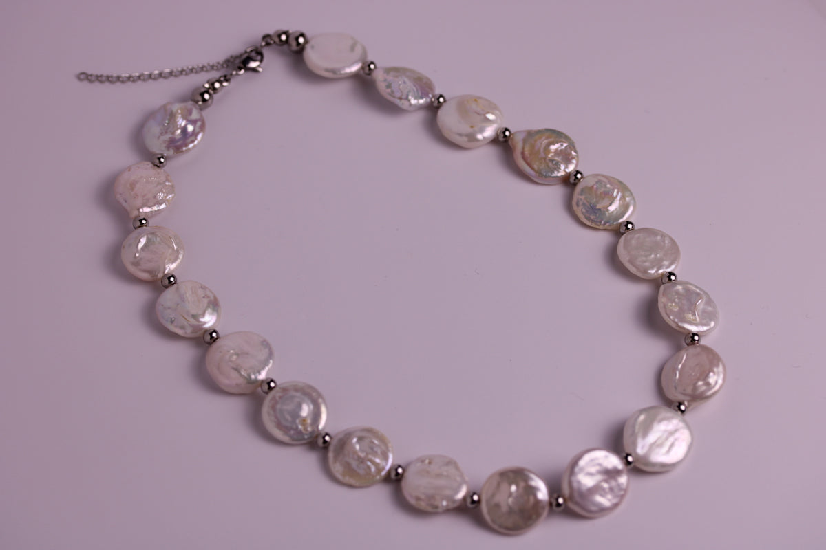 Pearl Coin Necklace in Silver + Gold
