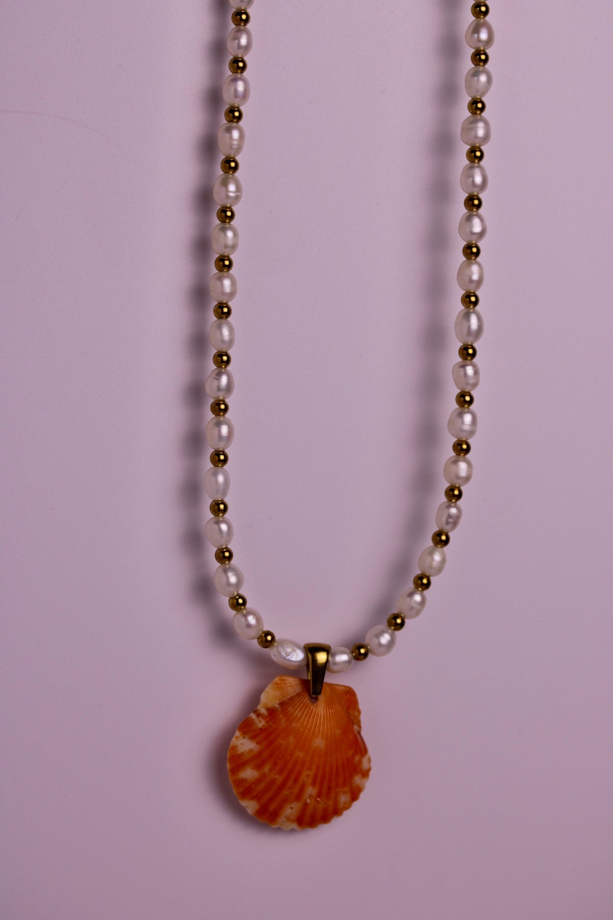 Beaded Pearl Scallop Necklace in Silver + Gold