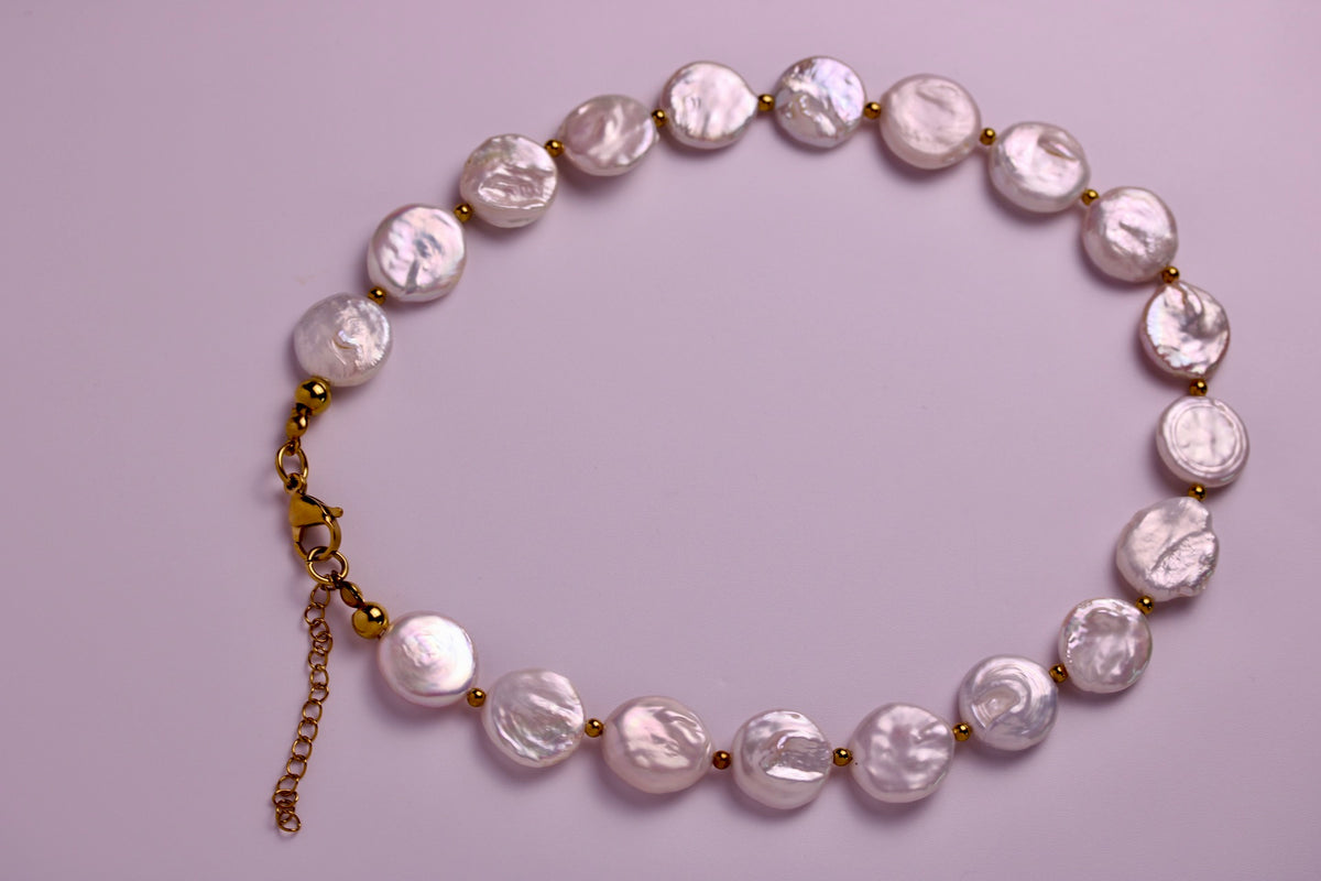 Pearl Coin Necklace in Silver + Gold