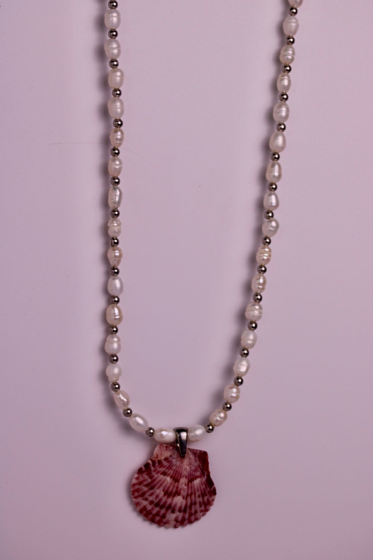 Beaded Pearl Scallop Necklace in Silver + Gold