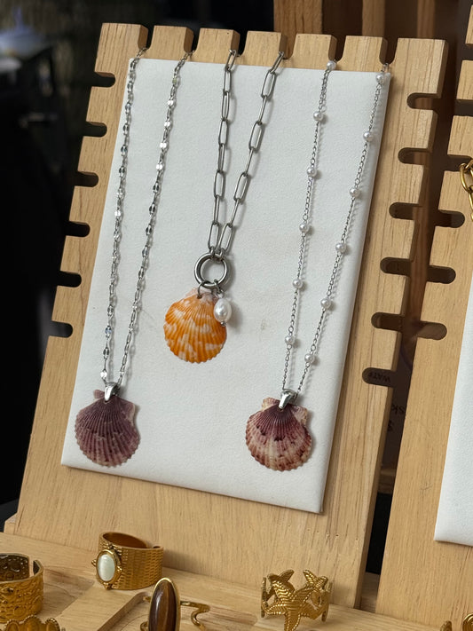 Seashell Necklace on Silver Dainty Pearl Chain