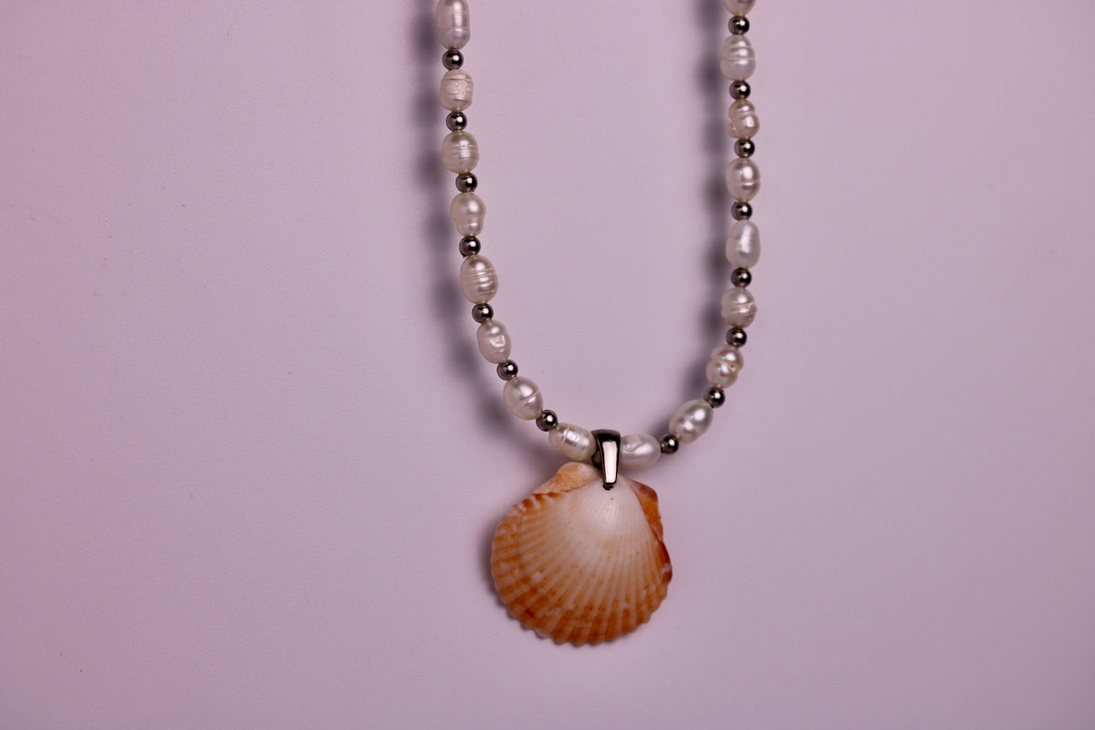 Beaded Pearl Scallop Necklace in Silver + Gold
