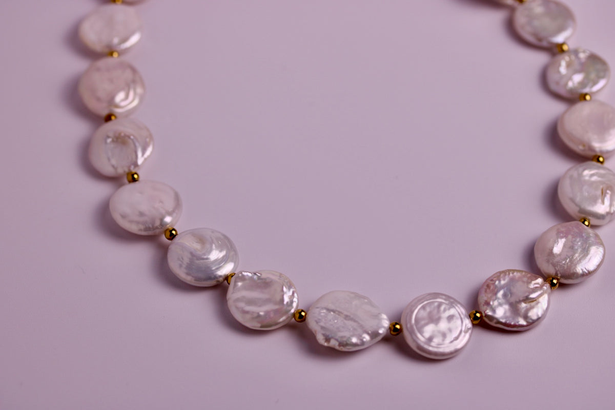 Pearl Coin Necklace in Silver + Gold