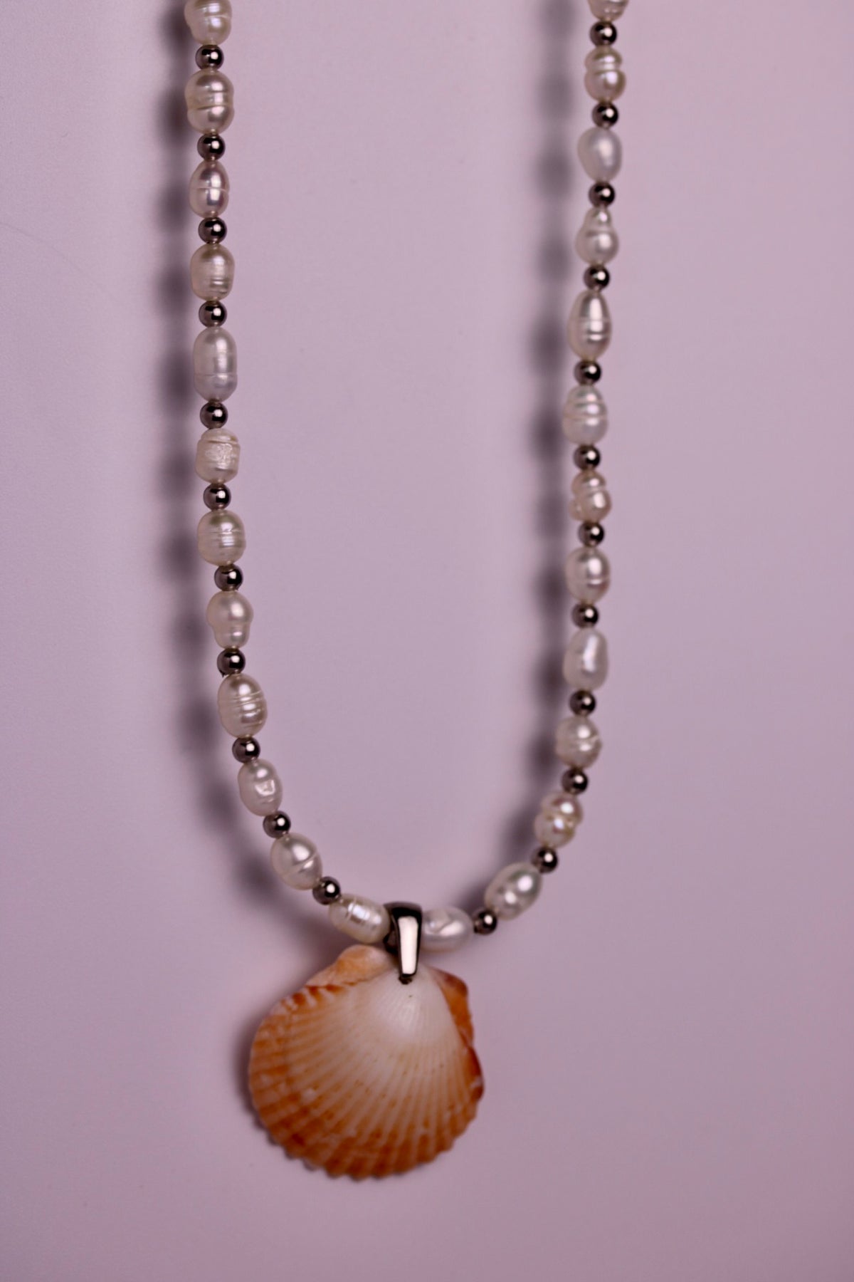 Beaded Pearl Scallop Necklace in Silver + Gold