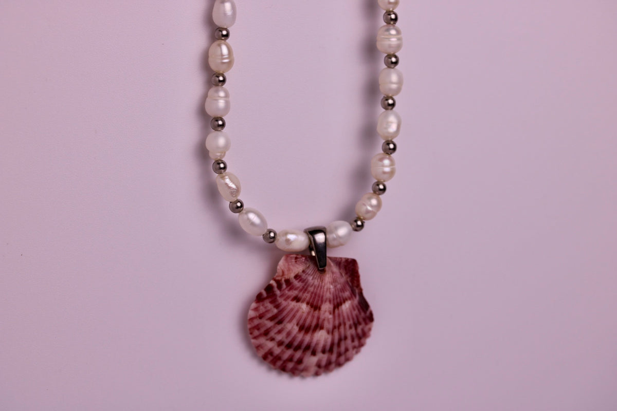 Beaded Pearl Scallop Necklace in Silver + Gold