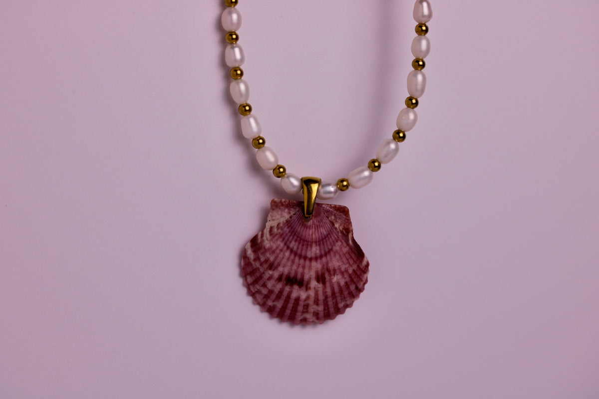 Beaded Pearl Scallop Necklace in Silver + Gold