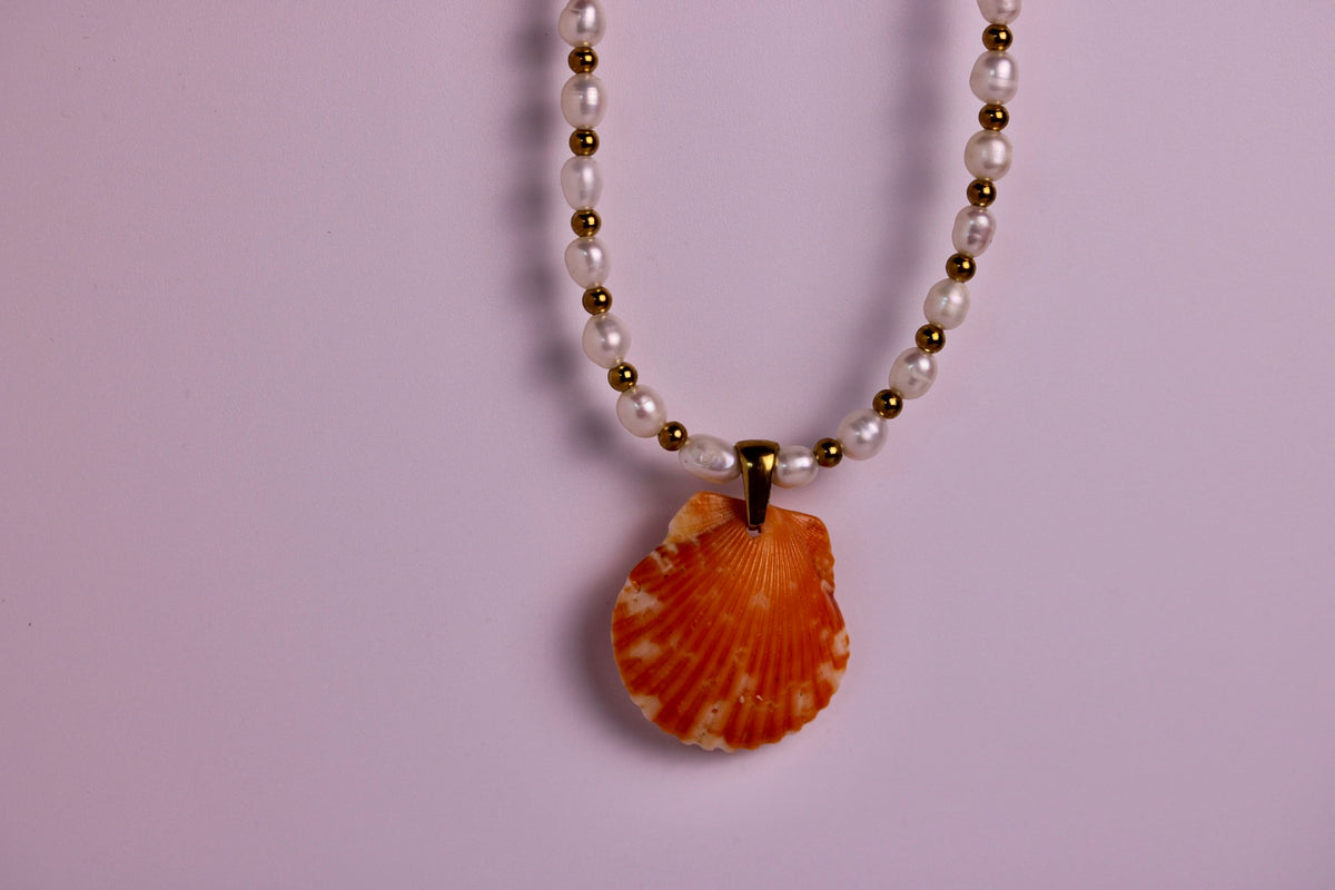 Beaded Pearl Scallop Necklace in Silver + Gold