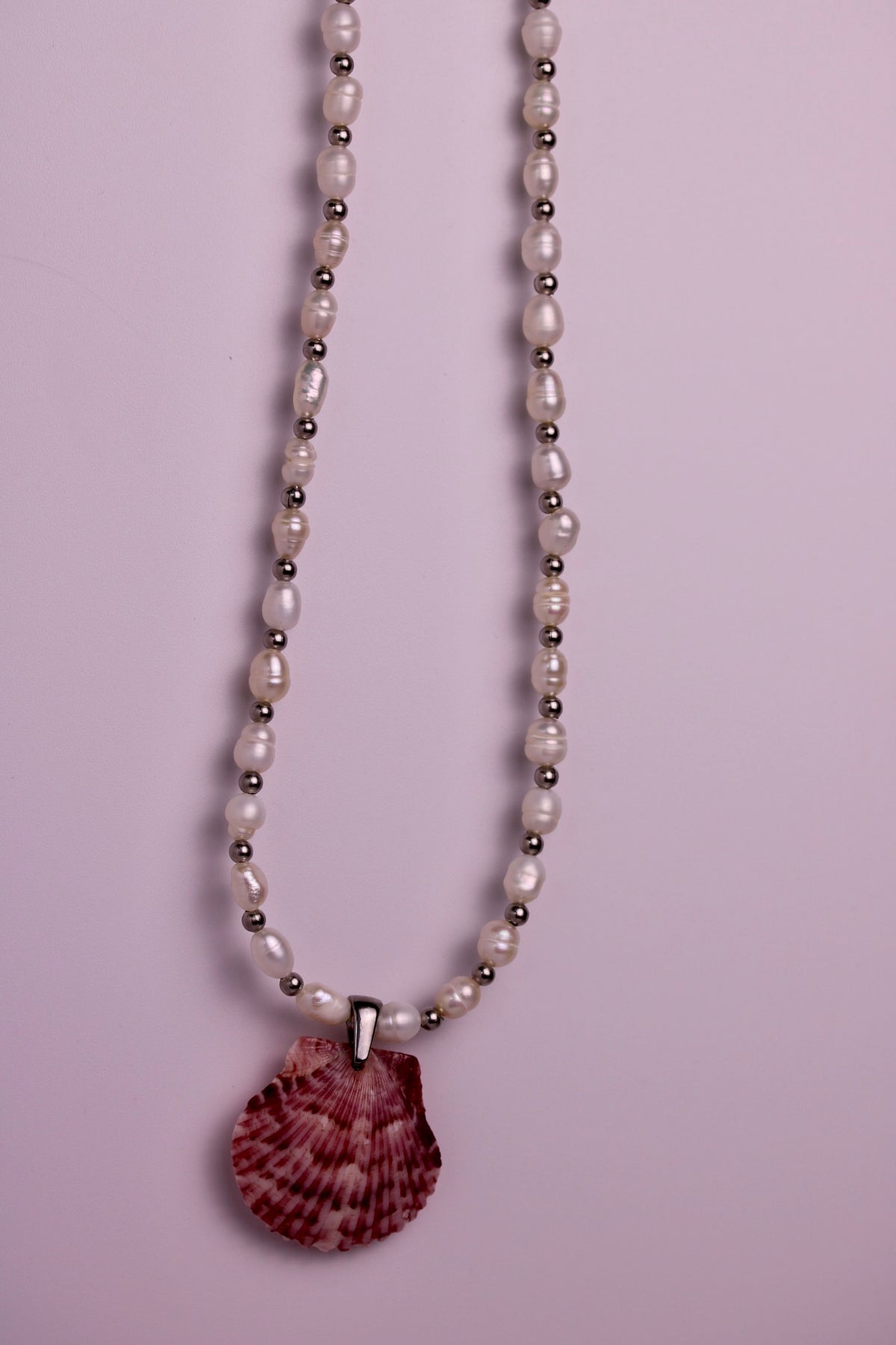 Beaded Pearl Scallop Necklace in Silver + Gold