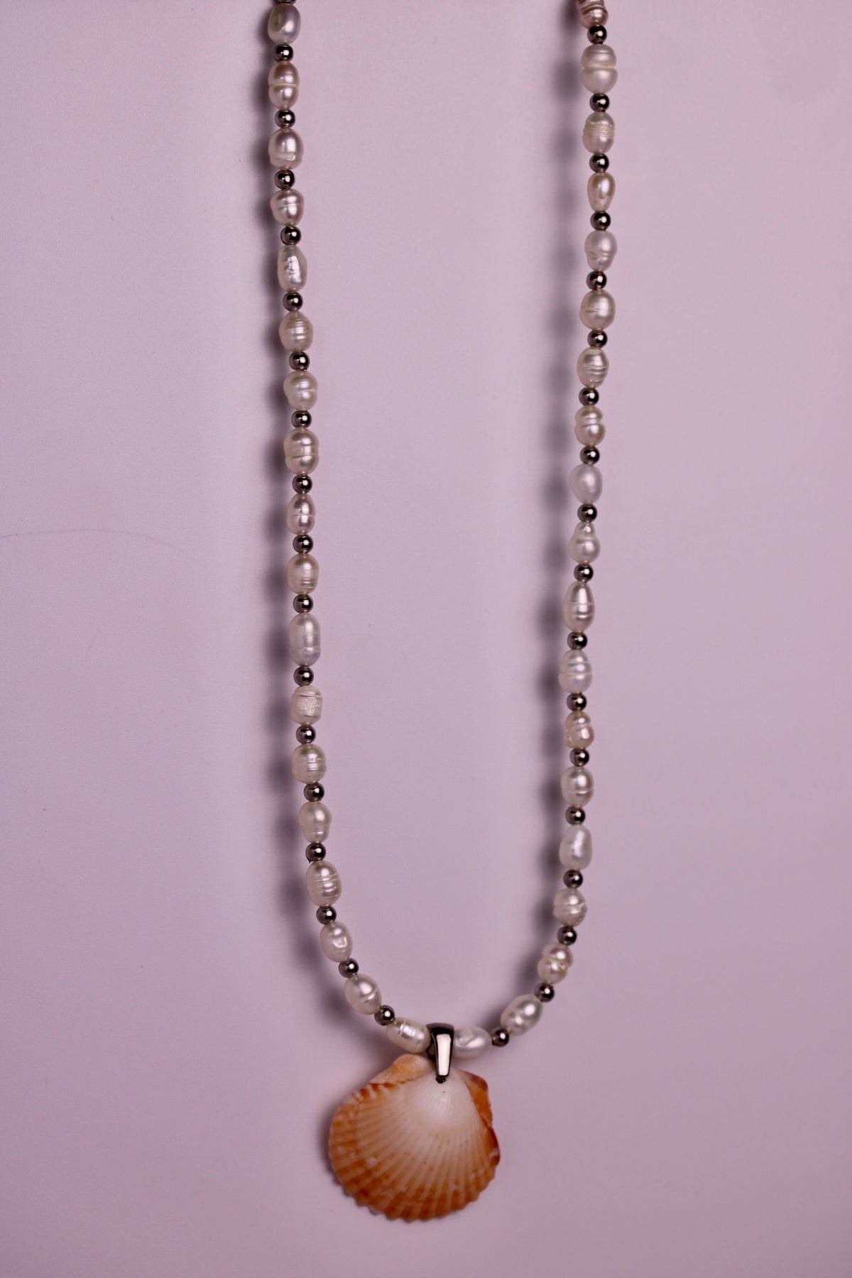 Beaded Pearl Scallop Necklace in Silver + Gold