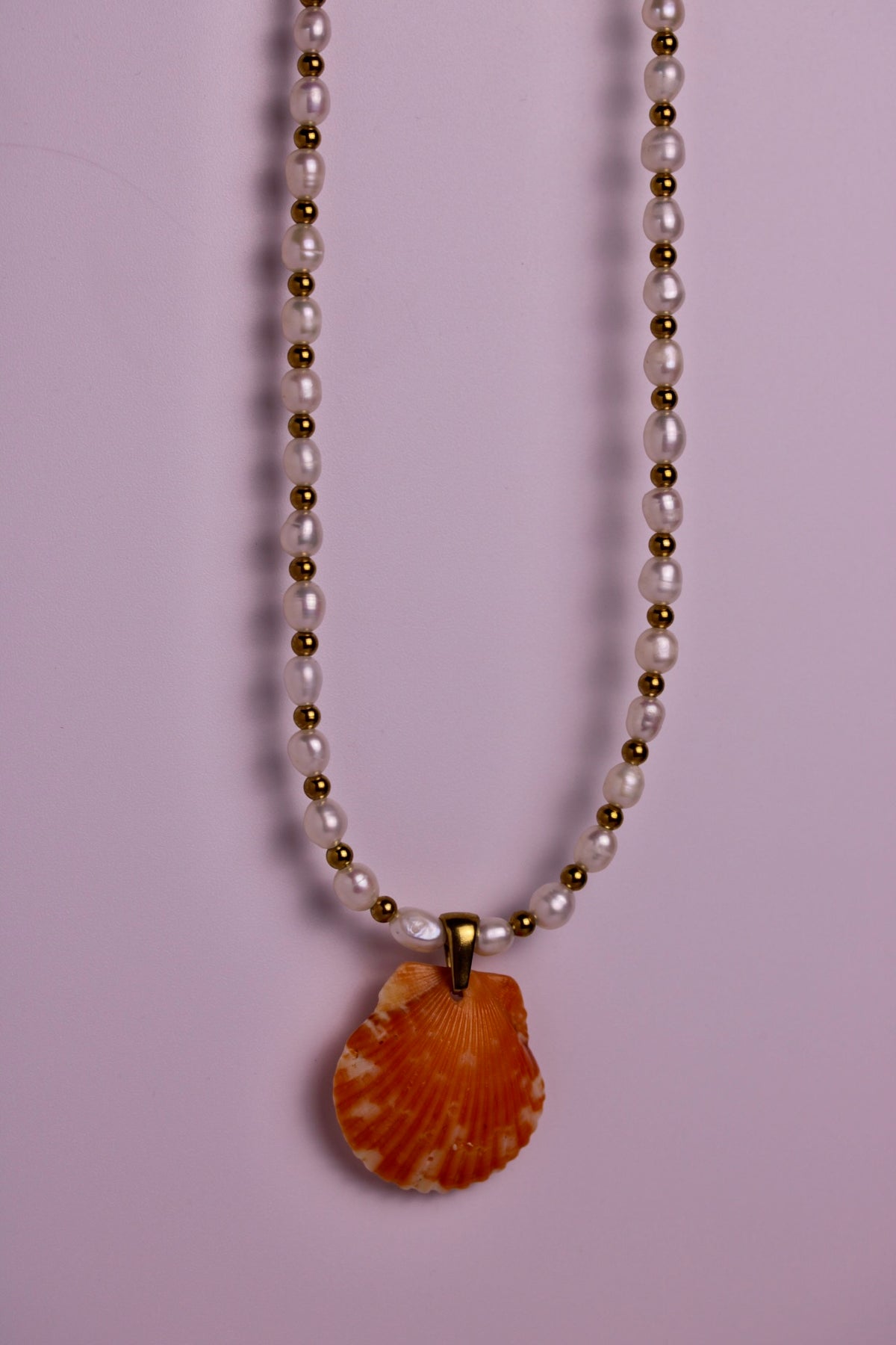 Beaded Pearl Scallop Necklace in Silver + Gold
