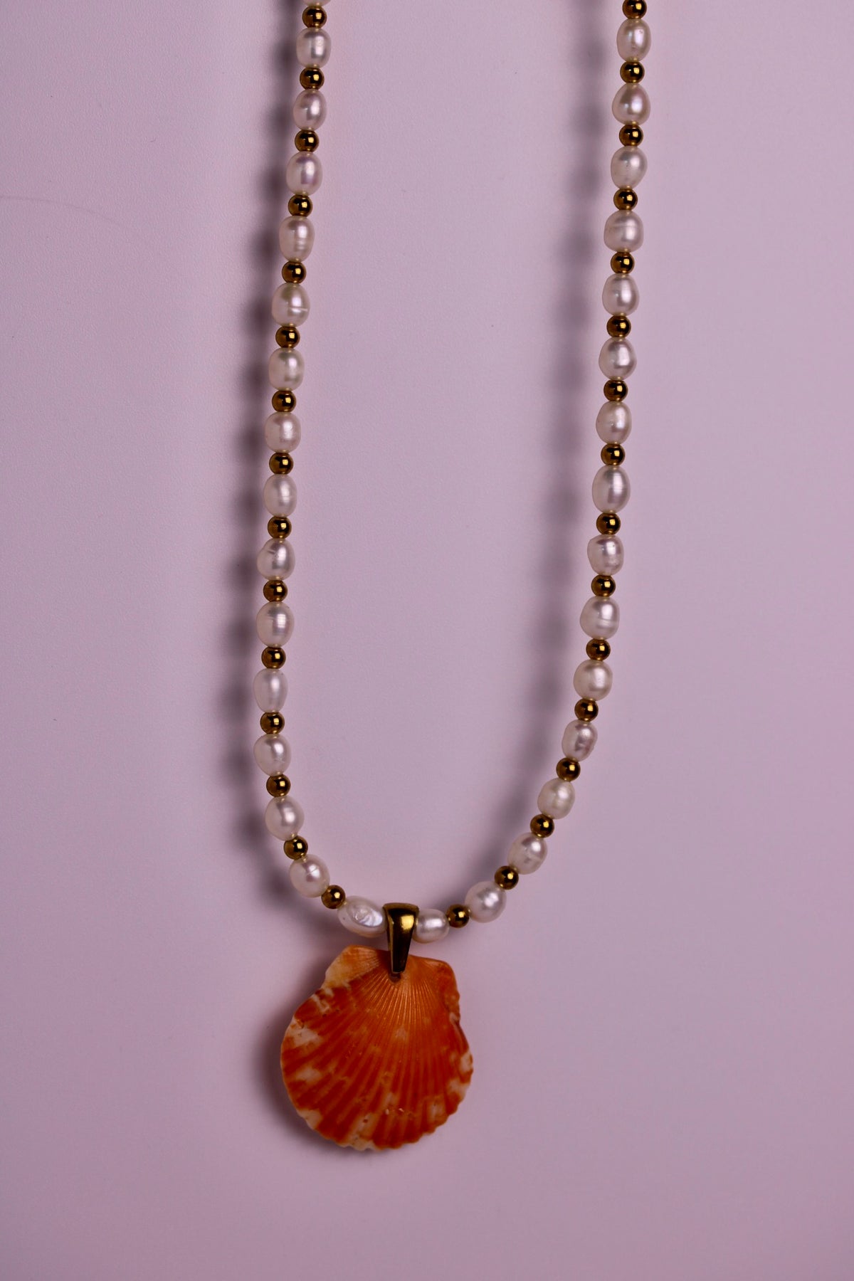 Beaded Pearl Scallop Necklace in Silver + Gold