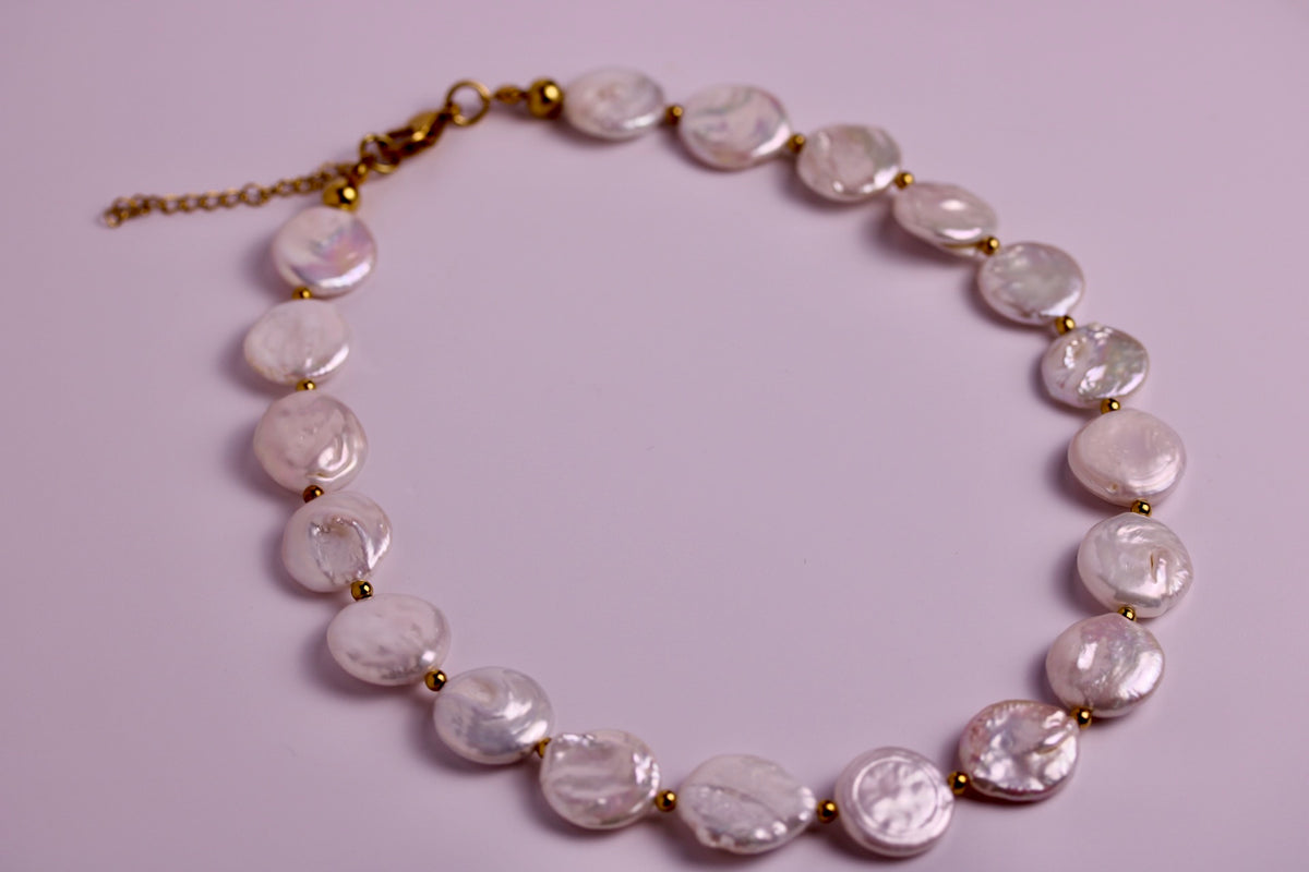 Pearl Coin Necklace in Silver + Gold