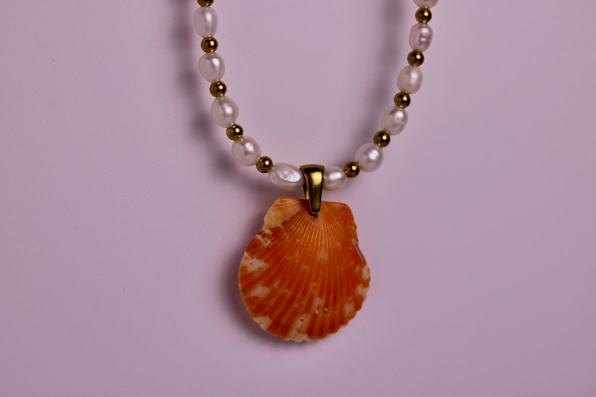 Beaded Pearl Scallop Necklace in Silver + Gold