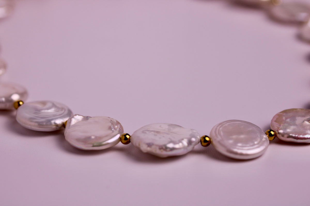 Pearl Coin Necklace in Silver + Gold