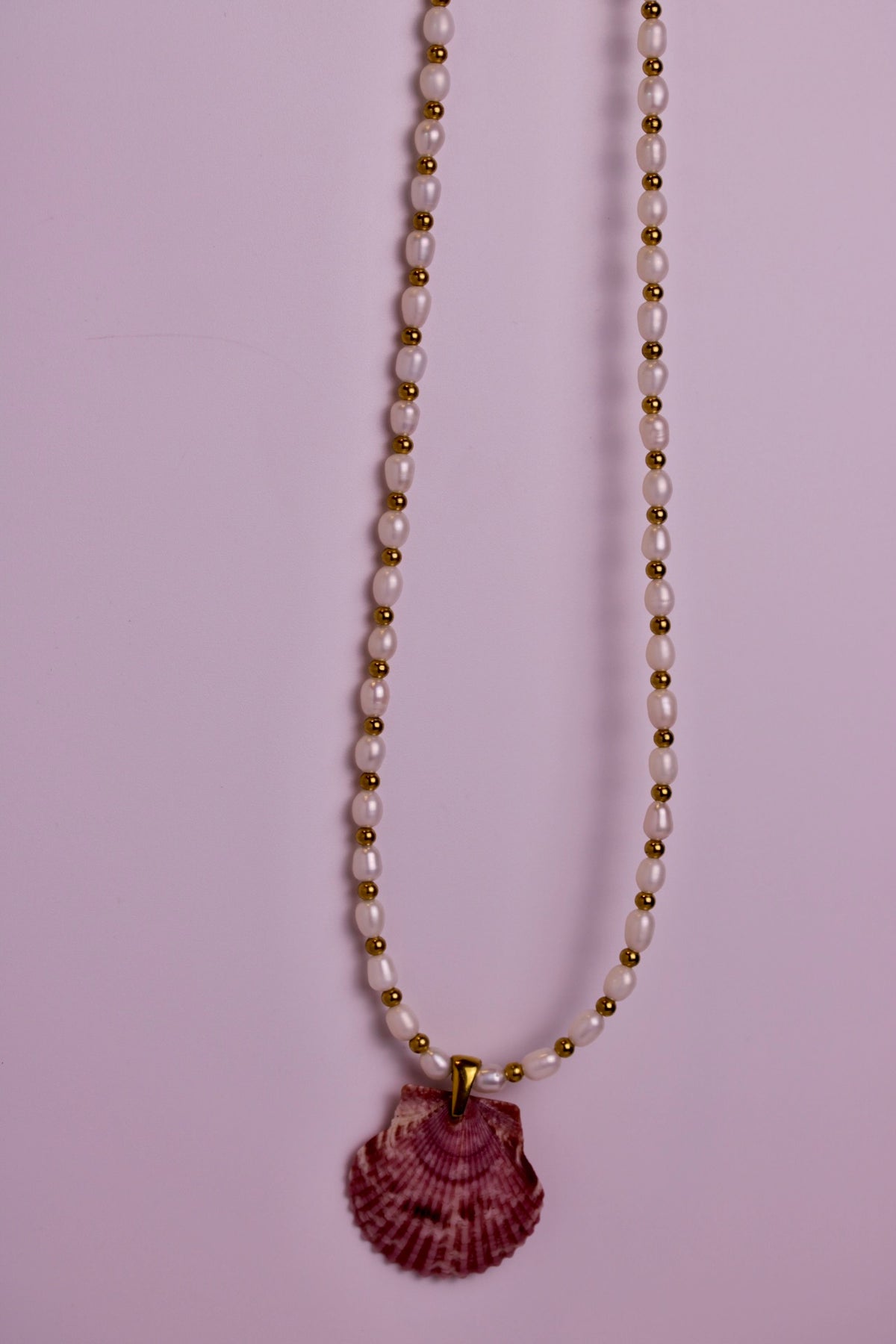 Beaded Pearl Scallop Necklace in Silver + Gold