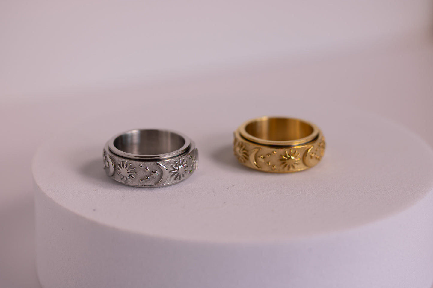 Sun + Moon Orbit Fidget Ring in Silver + Gold