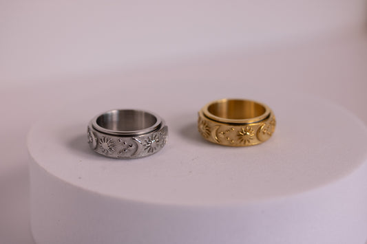 Sun + Moon Orbit Fidget Ring in Silver + Gold
