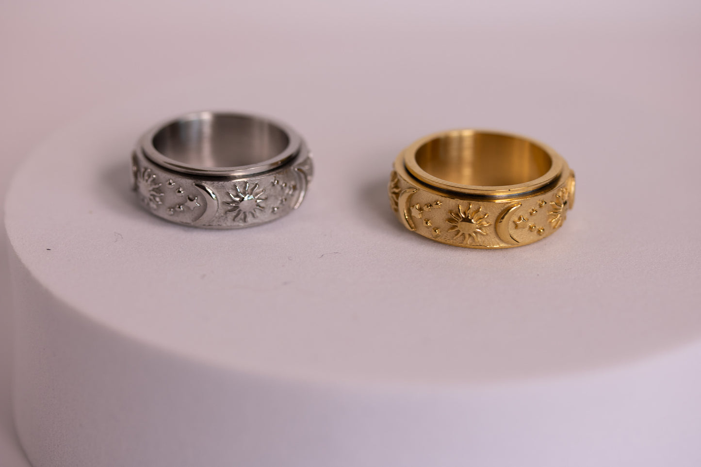 Sun + Moon Orbit Fidget Ring in Silver + Gold