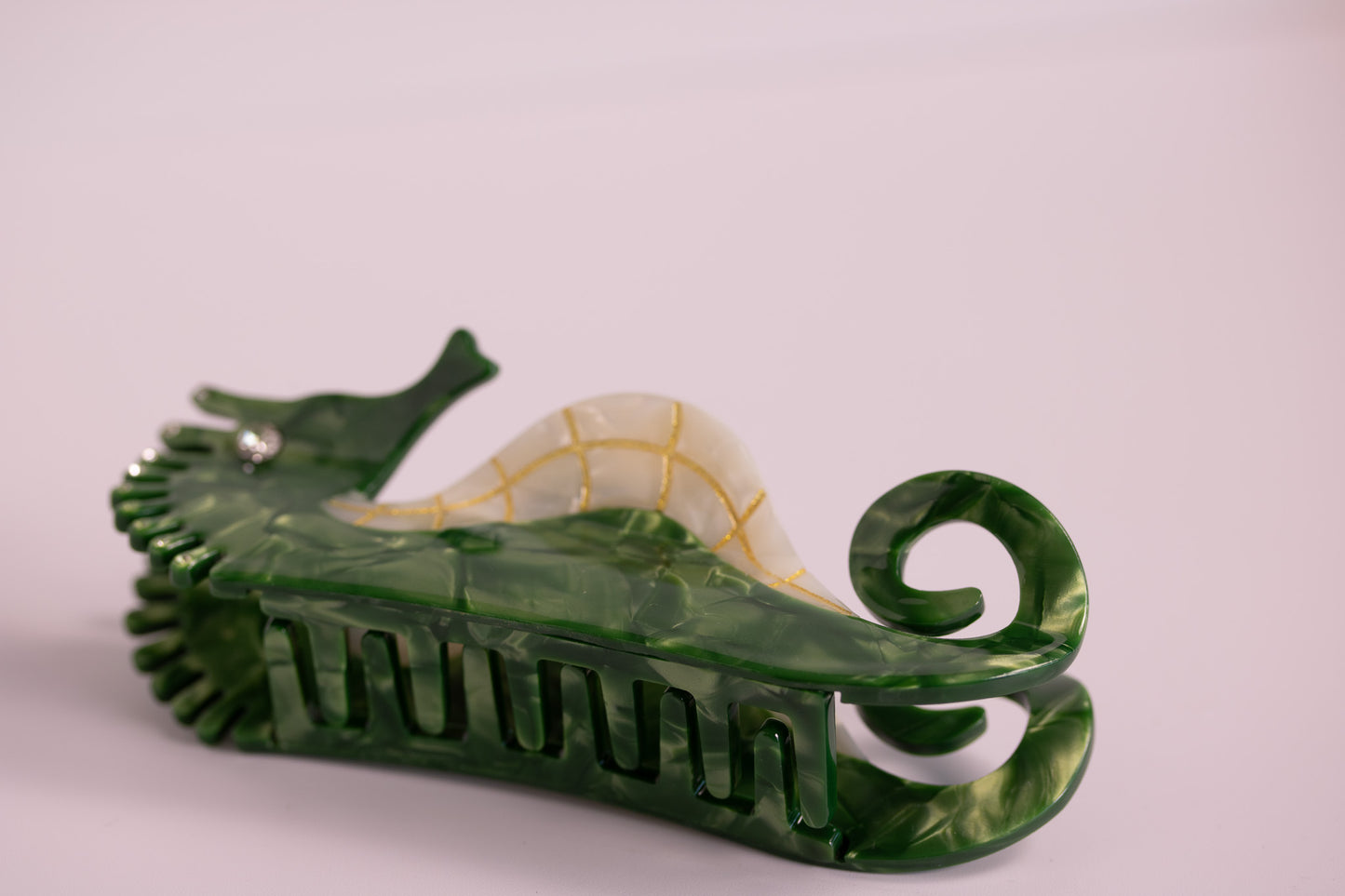 Golden Seahorse Claw Clip in Green + Orange