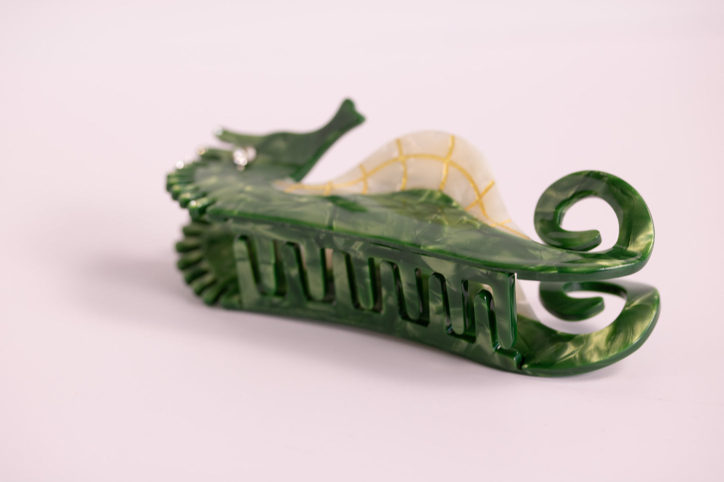Golden Seahorse Claw Clip in Green + Orange