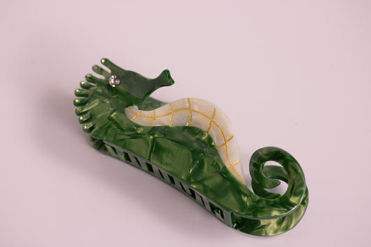 Golden Seahorse Claw Clip in Green + Orange