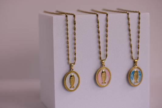 Fish Medallion Necklaces in Various Colors
