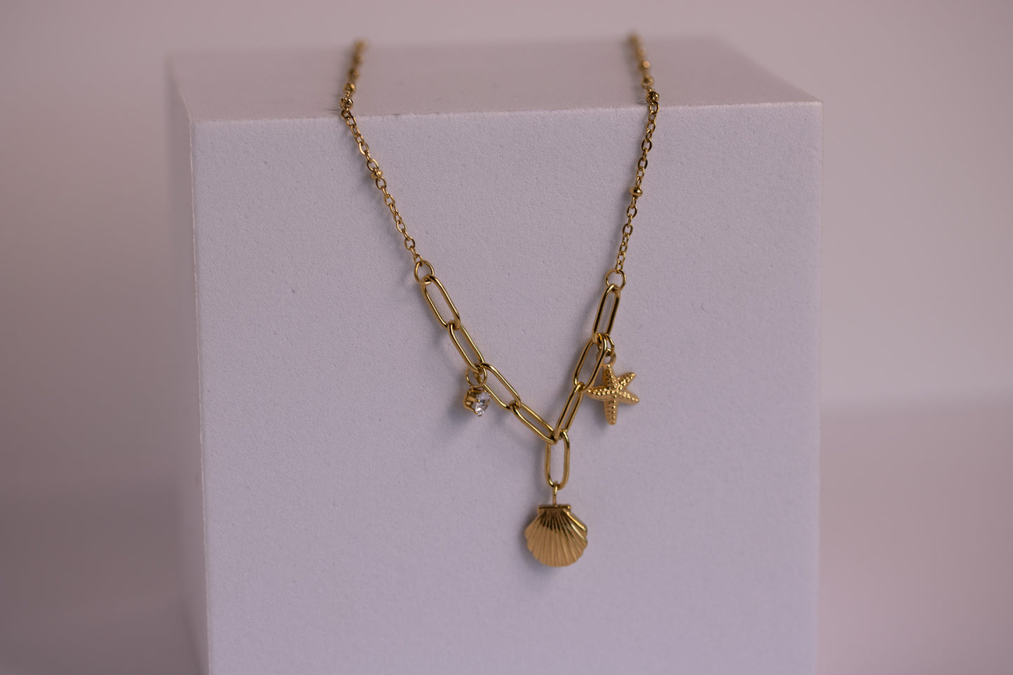 Star + Shell Charm Necklace in Silver + Gold