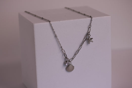 Star + Shell Charm Necklace in Silver + Gold