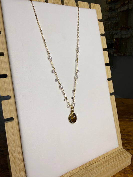 Tigers Eye + Dancing Pearls Necklace