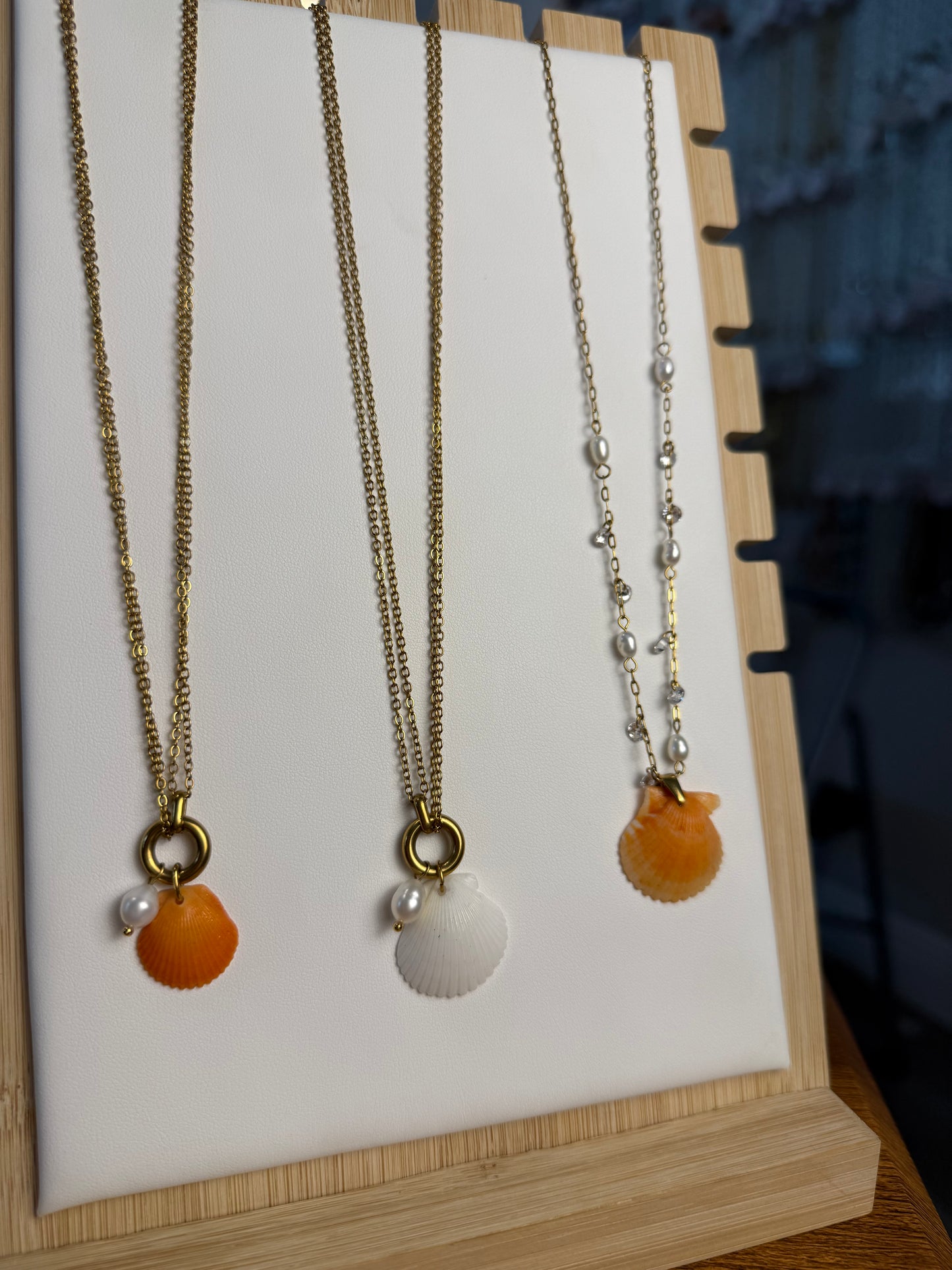 Seashell Necklace on Pearl Cove + Dancing Pearls Chain