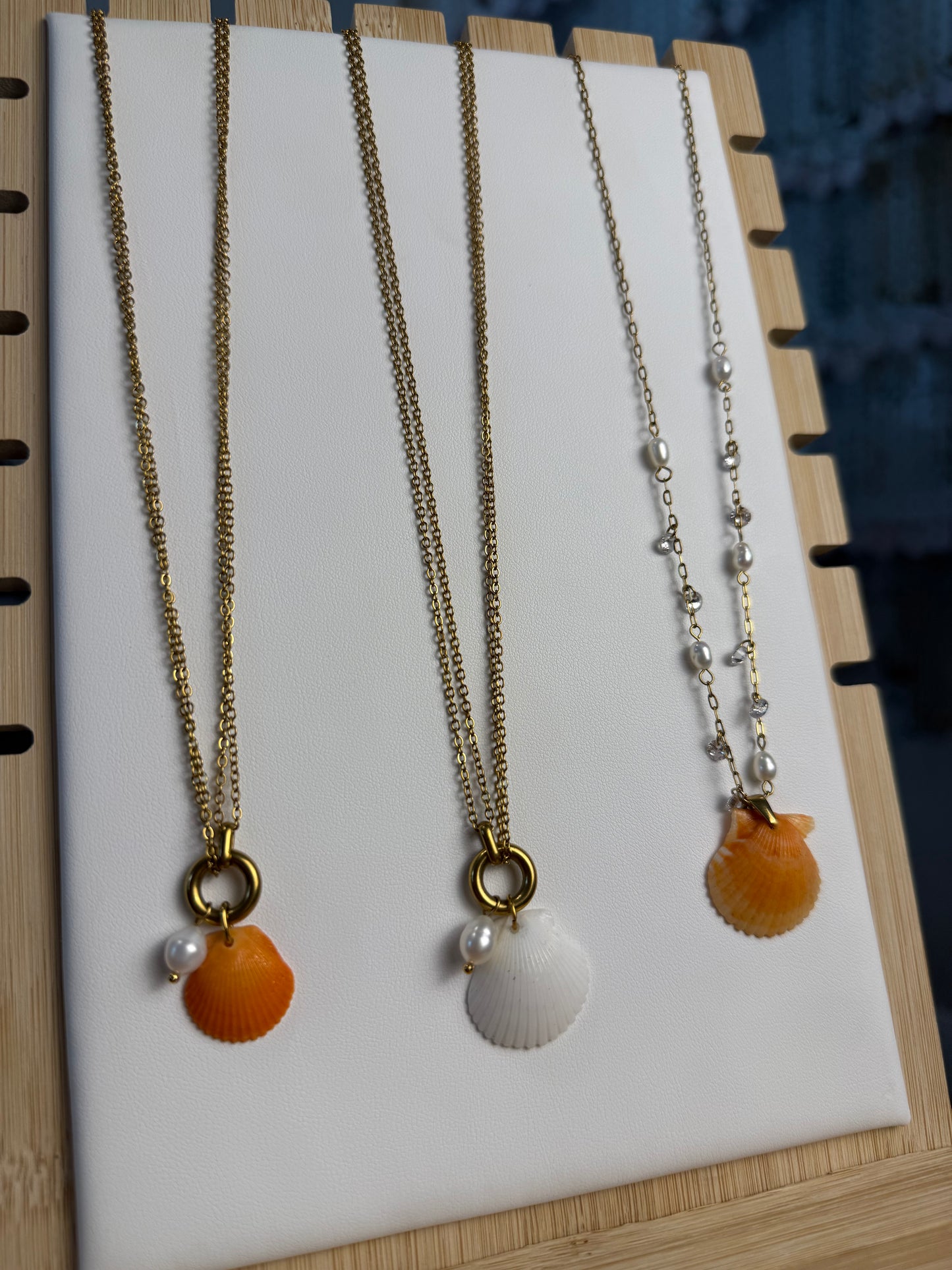 Seashell Necklace on Pearl Cove + Dancing Pearls Chain