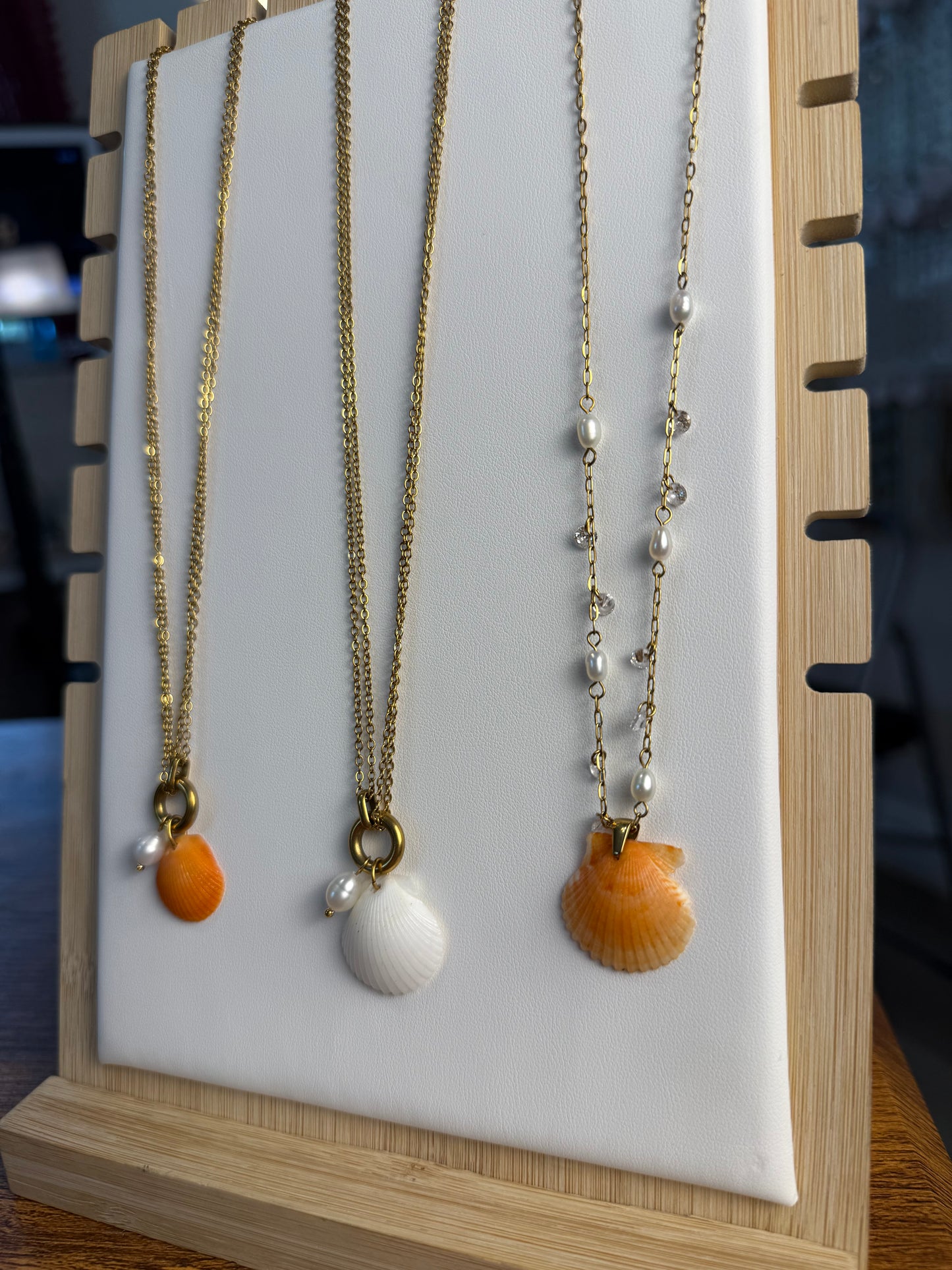 Seashell Necklace on Pearl Cove + Dancing Pearls Chain