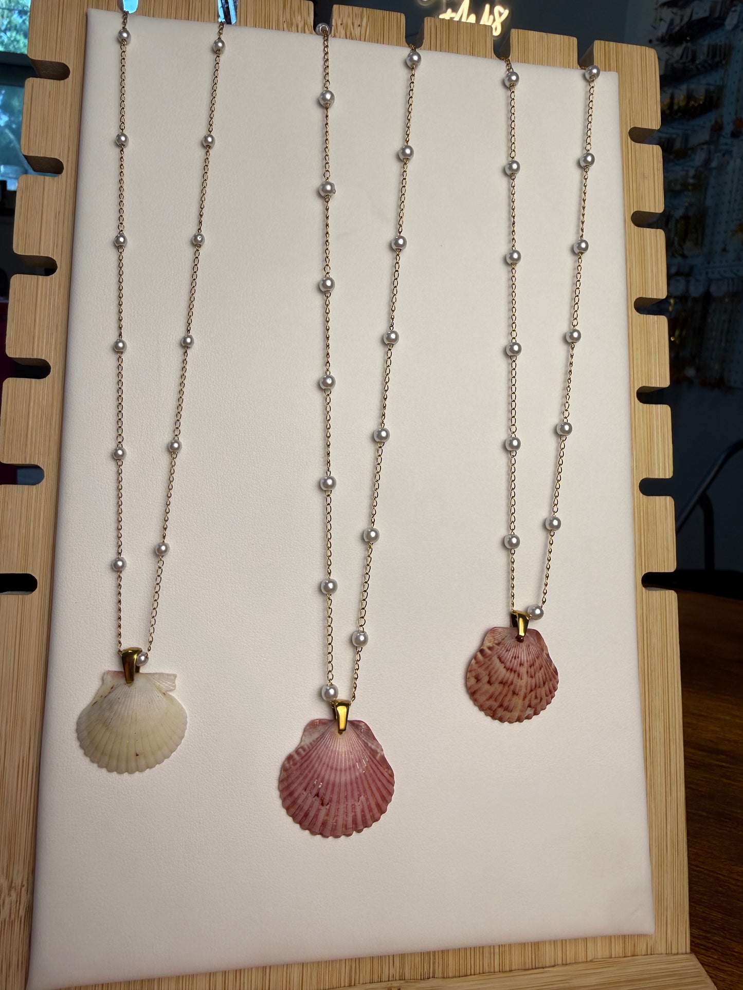 Seashell Necklace on Dainty Pearl Chain
