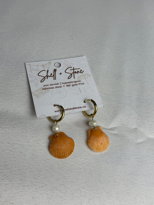 Orange Seashell Pearl Hoops